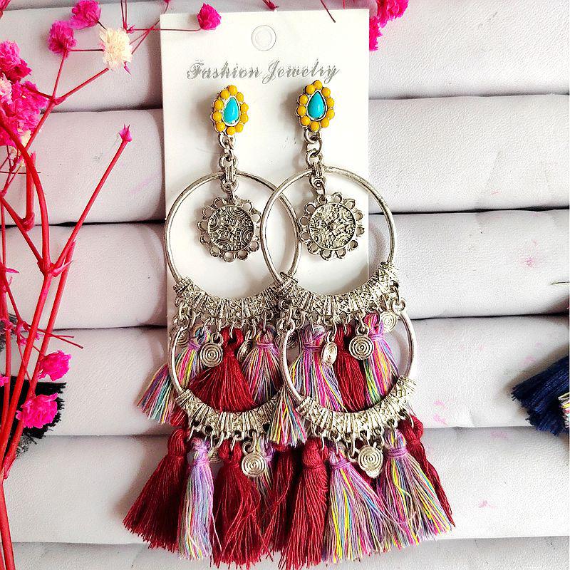 Boho Geometric Tassel Earrings: Ethnic Style, Retro Personality, Long Dangle Ornaments.