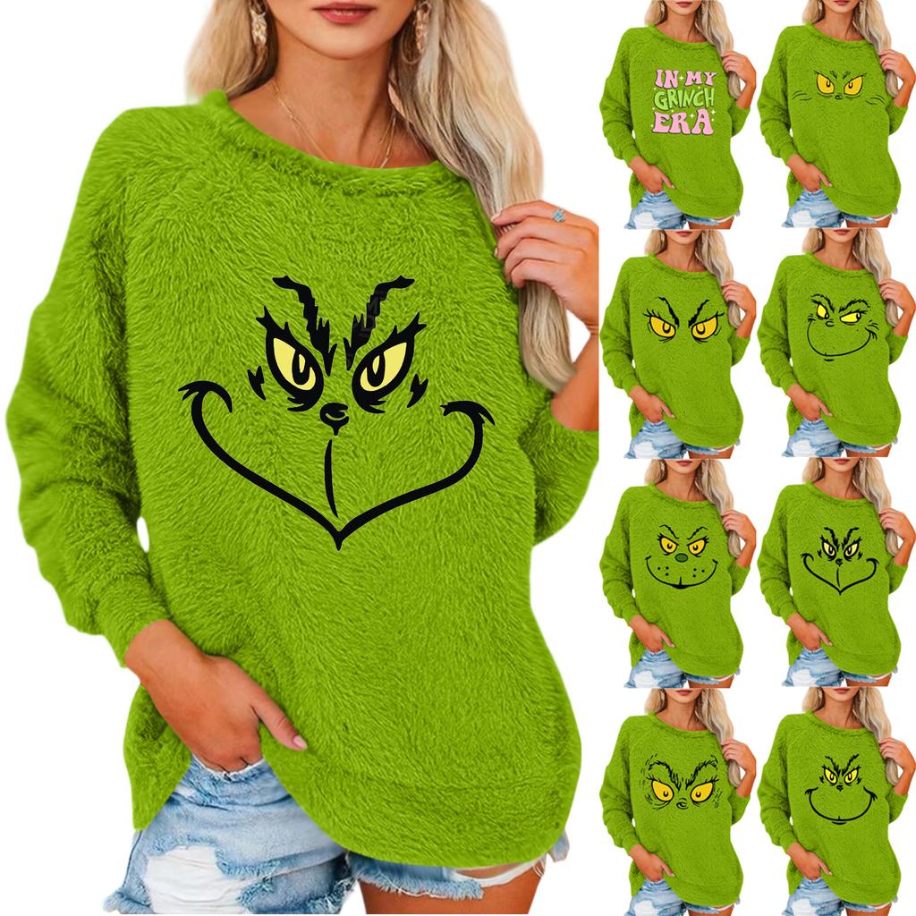 Women's Fashionable Round Neck Long Sleeved Christmas Printed Loose Plush Warm Pullover Top