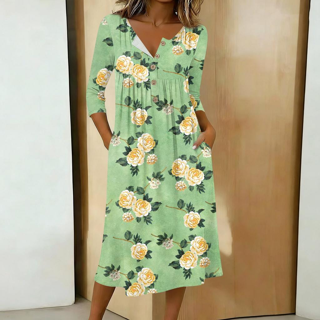 Modisches Damen-Midikleid mit Rundhalsausschnitt, 3/4-Ärmeln, Knopfleiste und farbenfrohem Print, lässig