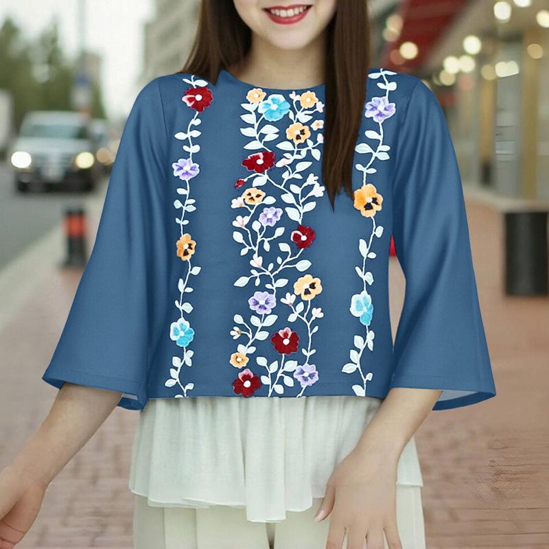 

ZANZEA Женская повседневная блузка с цветочным принтом, круглым вырезом и рукавами 3/4, свободного кроя S