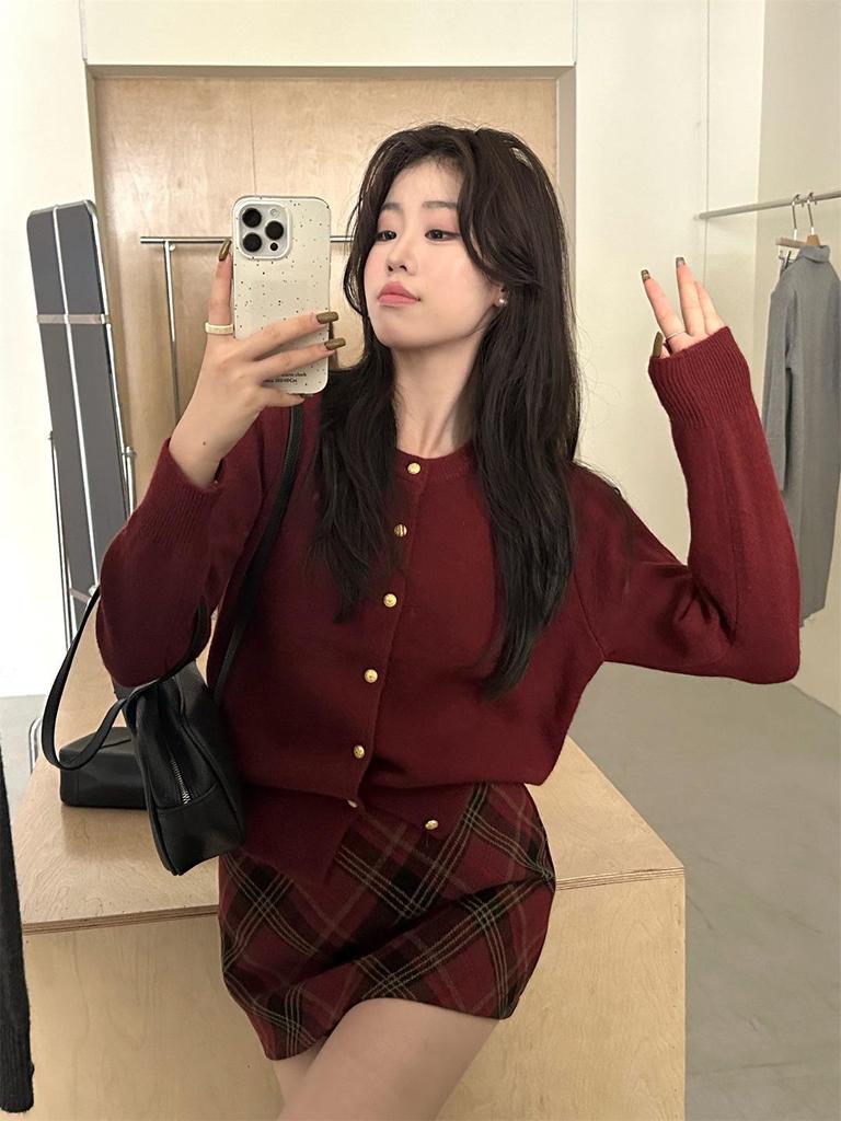 Korean Retro Autumn/Winter Cardigan Sweater with Gold Button Detail