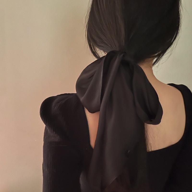 Schwarzes einfarbiges langes Seidenschal-Stirnband, Haargummi, Sommer-High-End-Stirnband, Kleiner Schal