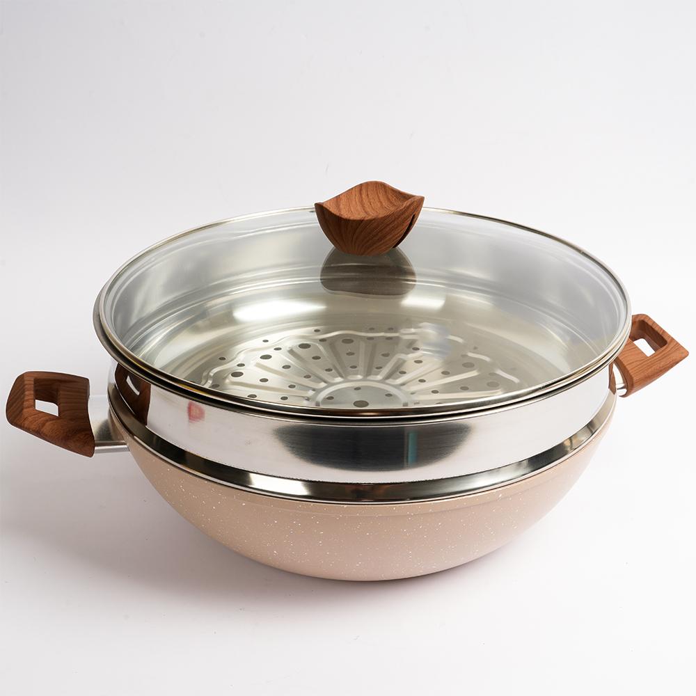 Aluminum Non-stick Deep Fry Pan Wok Casserole Marble Coating with Steamer Glass Lid Multi-functional Induction Base Cooking Pot (Beige,32cm)