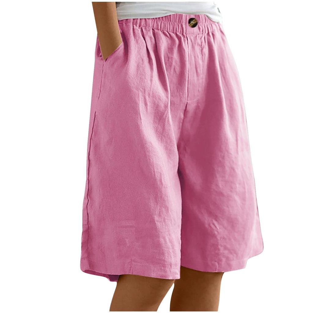 Female Summer Solid Color Simple Cotton Linen Shorts Button High Waist Loose Five Pants