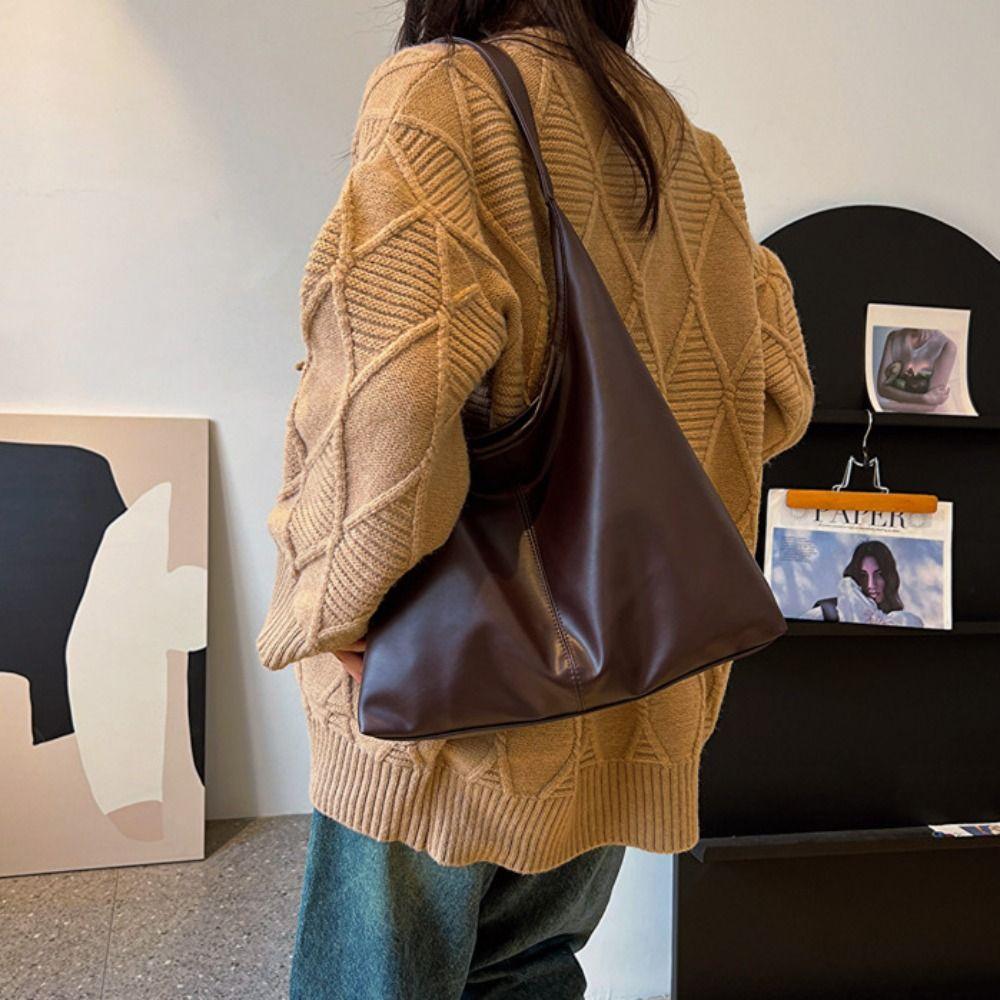 Retro Commute Shoulder Bag Solid Color Women's Underarm Bag Temperament Pu Leather Tote Bag  Girls