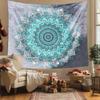 2D Aesthetic Mandala Tapestry, Grey Tie Dye & Turquoise Floral Background Cloth