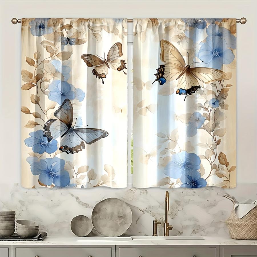 2PCS Digital Printed Curtains, Flower Shadow Blue Butterfly Dreamy, Rod Pocket Window Drapes for Living Room Bedroom Decor