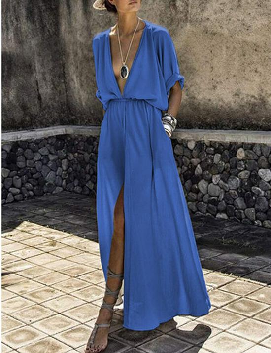 763 New Hot Selling Deep V Short Sleeve Split Dress