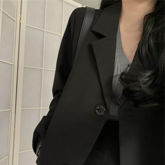 Herbst-Blazer, locker, kältebeständig, normal, für Bürodamen, Pendeln, reine schwarze Anzugjacke, Alltagskleidung