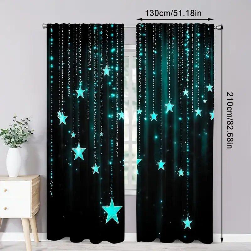 Set Of 2 Blue Tassel Stars Print Curtains Suitable Bedroom Living Room Kitchen Decoration Home Window Curtain For Sitting Made Polyester