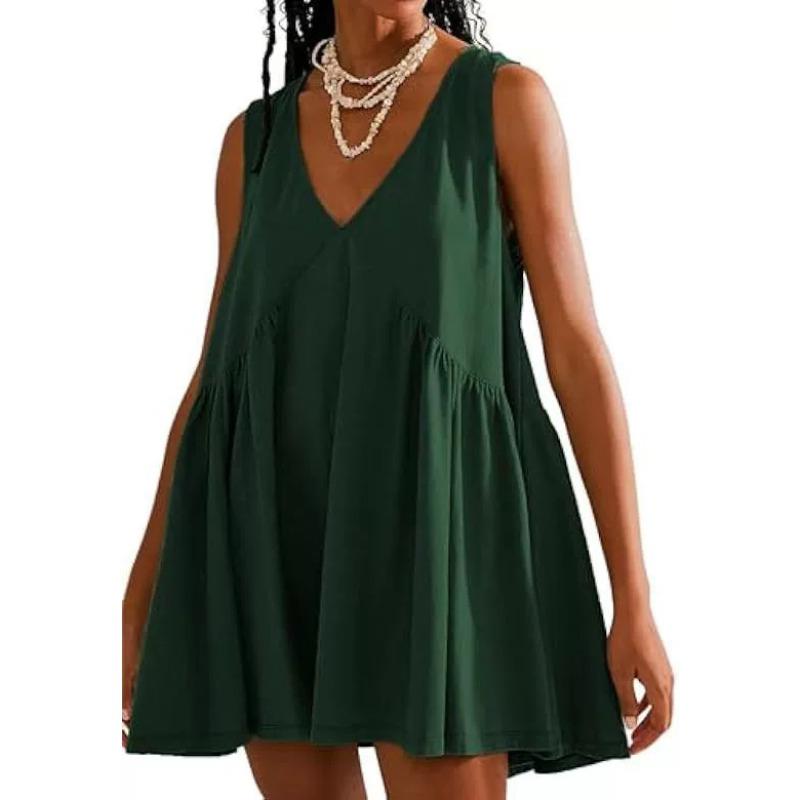 

BITCED Fashion Summer Spring Solid Color Print Sleeveless V-Neck Casual Dresses XL темно-зелений колір