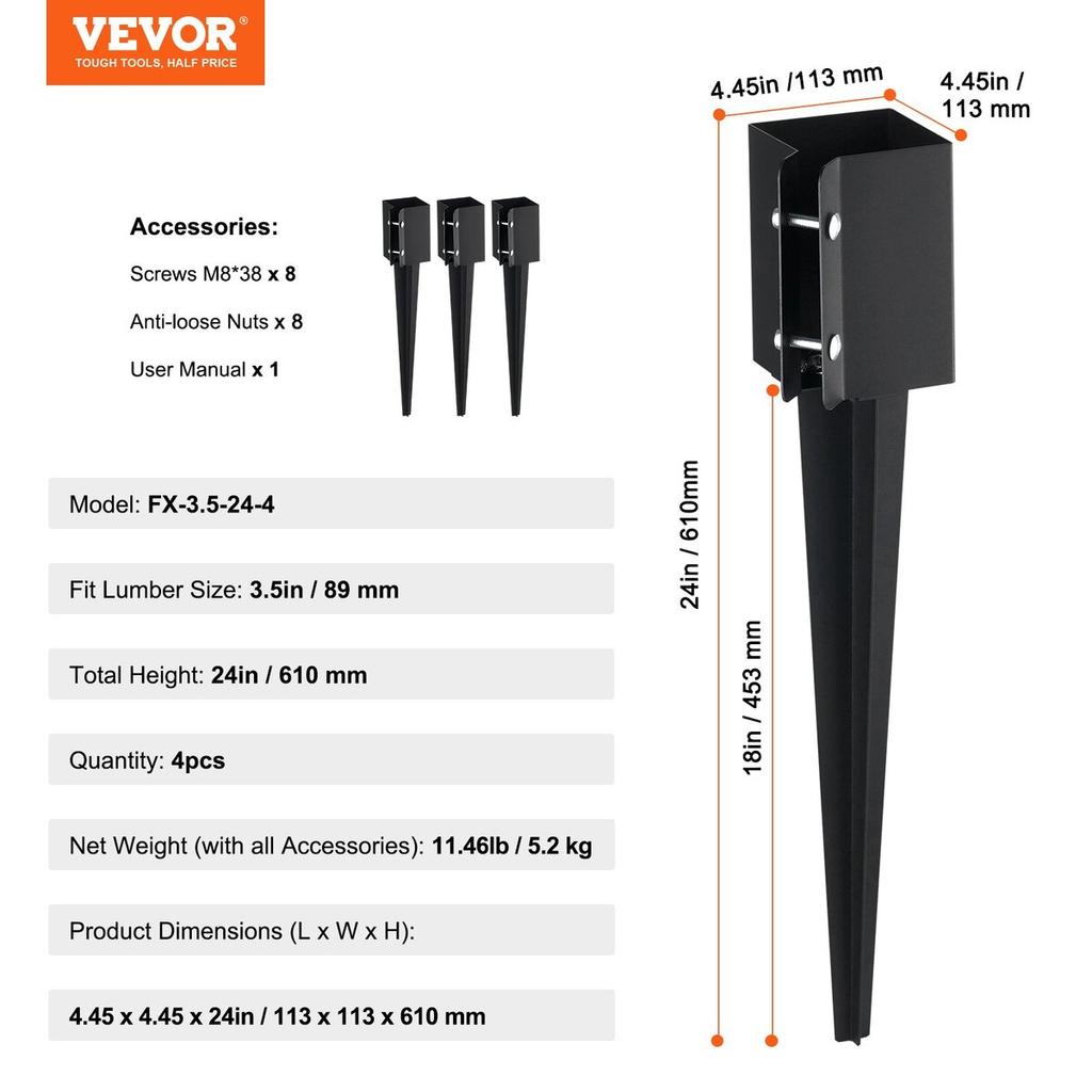 Fence Post Anchor Ground Spike, 4 Pack 24 x 4 x 4 Inches Outer Diameter (Inner Diameter 3.5 x3.5 Inches), Metal Black Powder Coated Post Stake Ground,