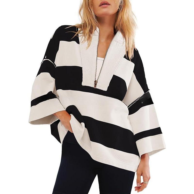 Women's Oversized Striped Shirt Half Zip Sweatshirt Patchwork V Neck Top Casual Loose Pullover