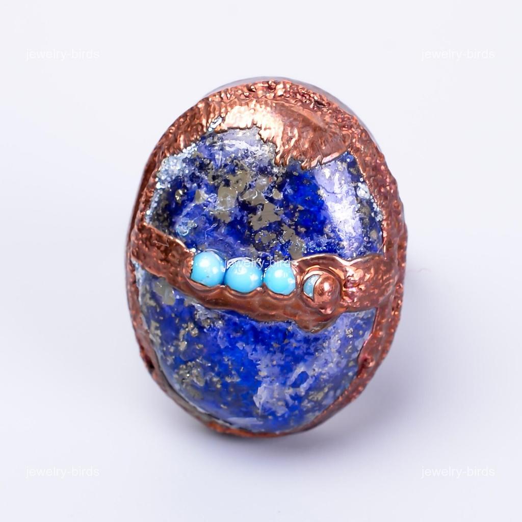Oval Natural Lapis Lazuli Copper Electroformed Promise New Eternity Ring Jewelry V-54