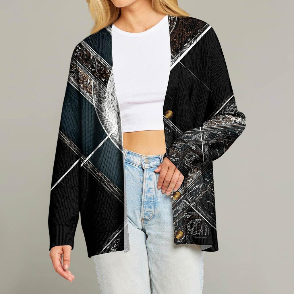 Women's Fashion Long Sleeve Christmas Print V-Neck Button Loose Cardigan Top