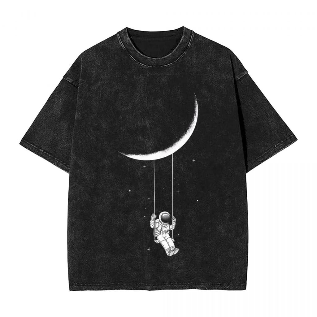 Astronauts Cherish The Lunar Environment Moon Woman Men Washed Hot Stamping Print TShirt Cotton Tshirt Summer Short Sleeve Tee