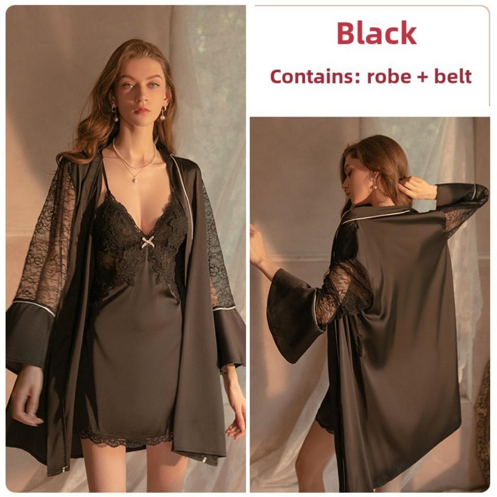 Satin Chest Pad Suspender Nightdress Sexy Deep V Lace-up Nightgown Loungewear Set