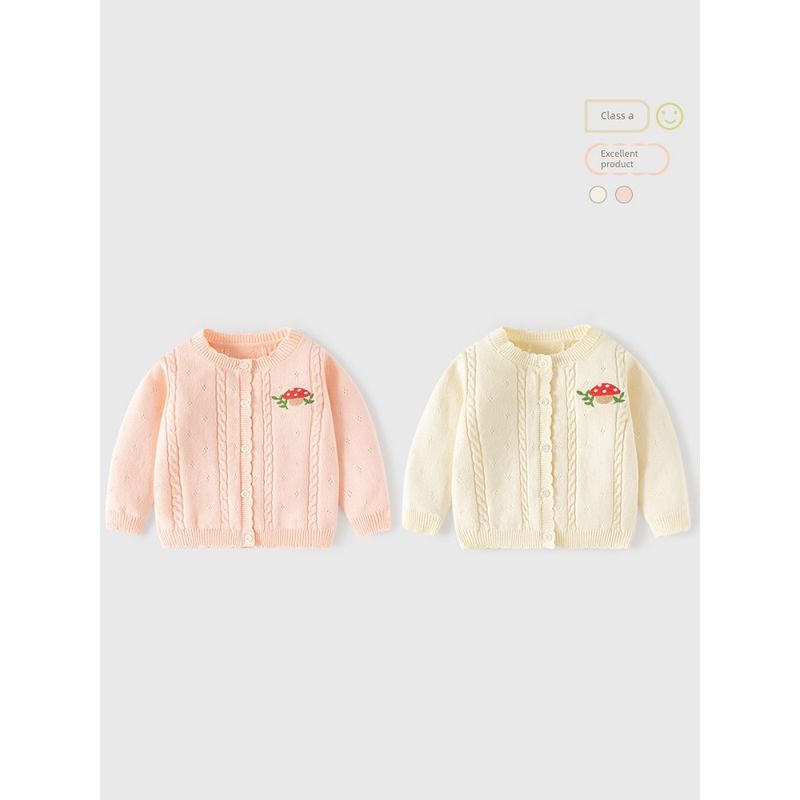 Children's Mushroom Knit Sweater, Girls' Cardigan with Lace Collar, Baby Girl's Long-Sleeved Coat, Spring and Autumn Children's Clothing