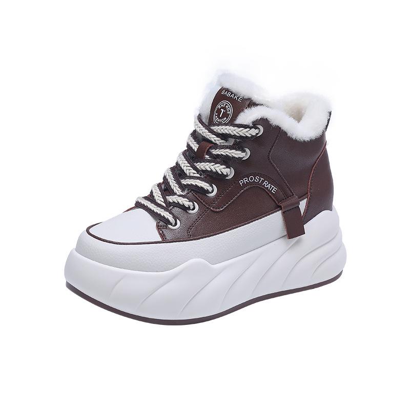 Damen Weiße Samtgefütterte High-Top Leder Schneestiefel: Größenerhöhend, Warme Winterbekleidung