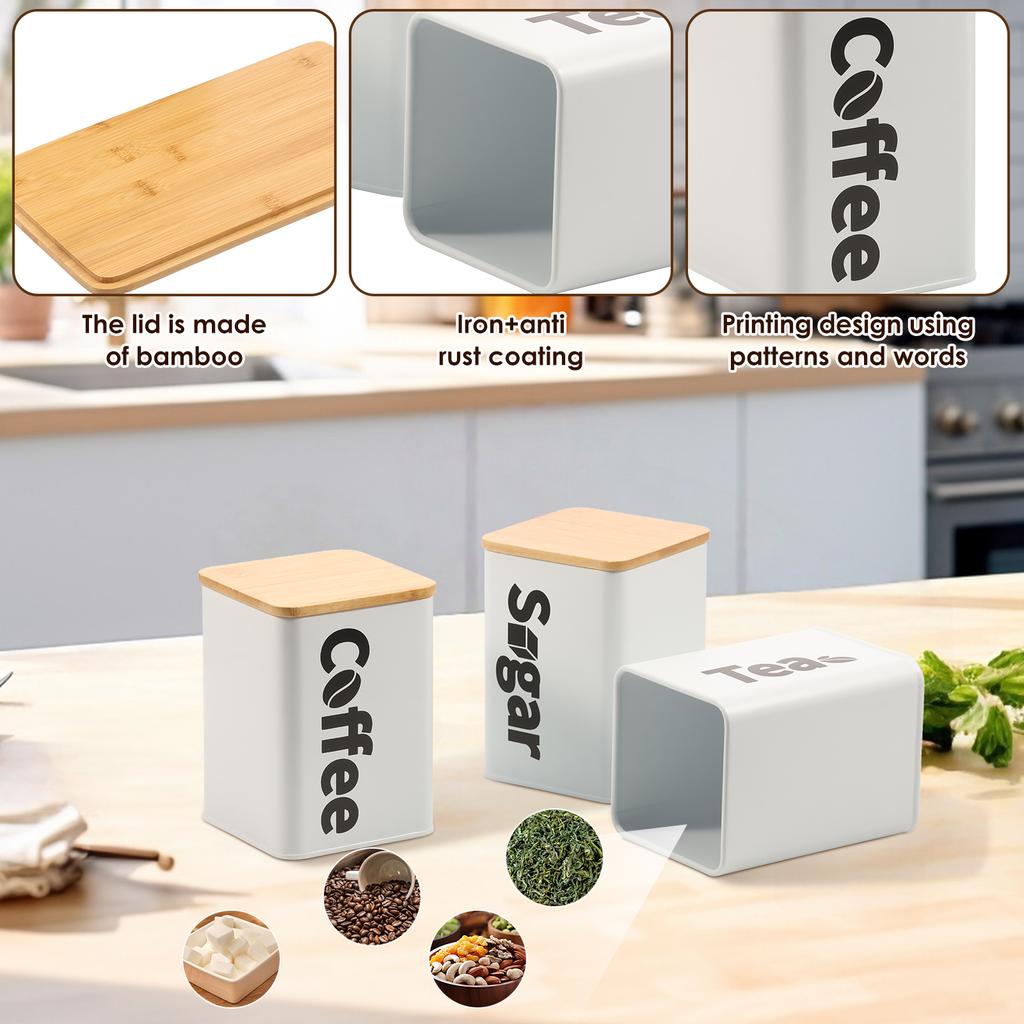 3/4Pcs Bread Bin Tea Coffee Sugar Canisters Set Iron Bread Box Tea Coffee Canisters with Bamboo Lids for Kitchen Bakery and Home