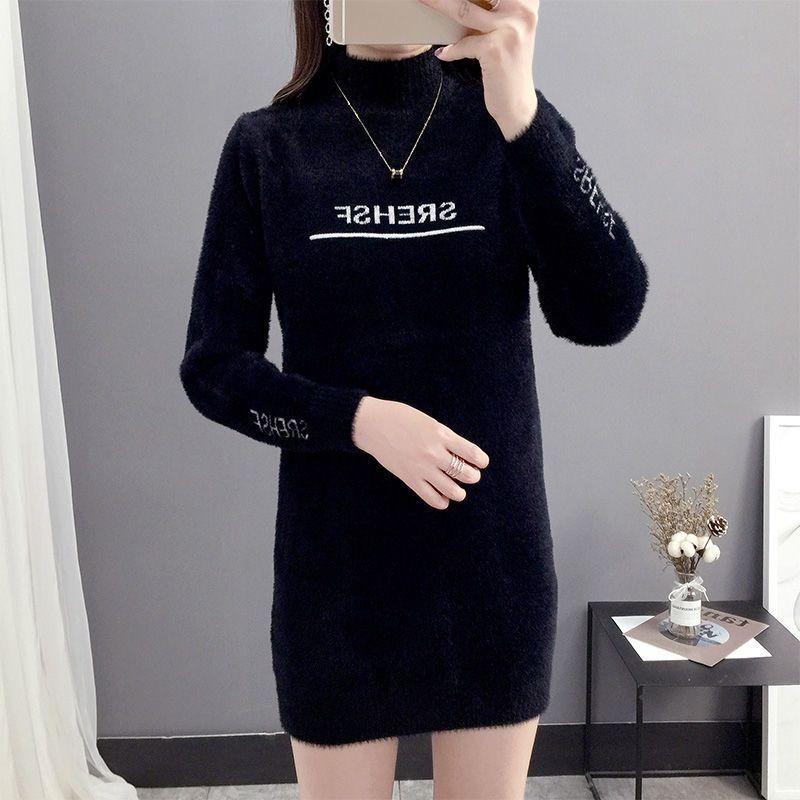 

Плюшевый свитер средней длины из искусственной норковой шерсти для женщин, корейская версия, свободная, полувысокая горловина, вязаное базовое пальто XL 60-65kg