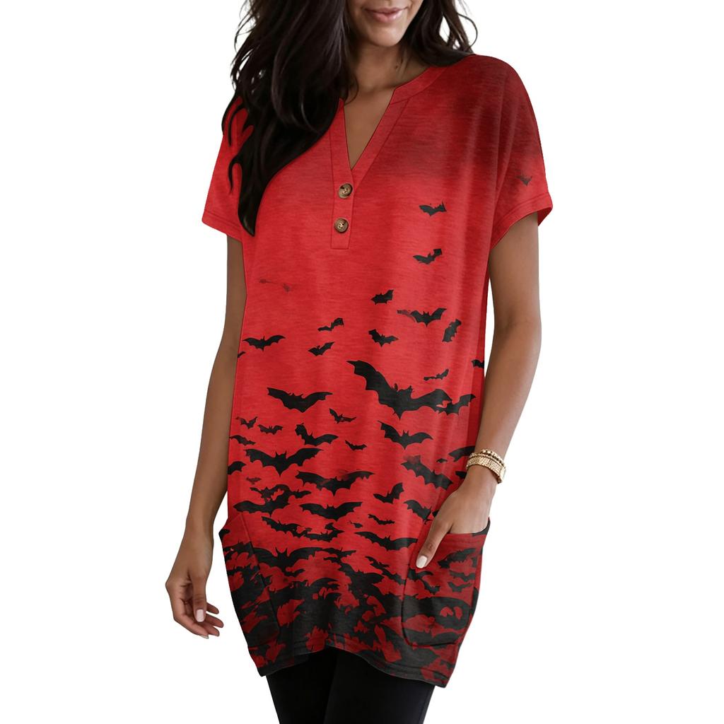 Women V Neck Pullover Dress Short Sleeve Halloween Print Pocket Casual Loose Fit Tunic Dress