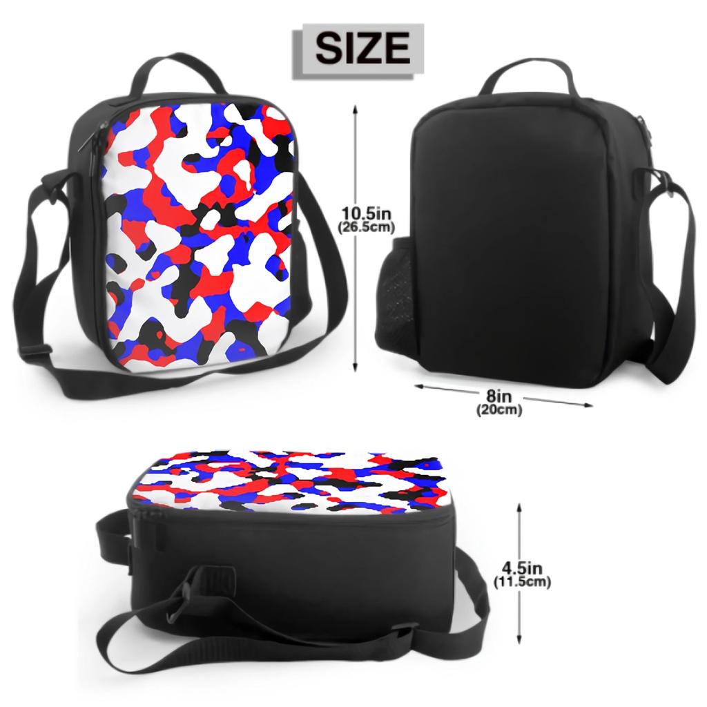 Blue Red White Black Camo Insulated Lunch Bag for School Office Picnic Colorful Camouflage Geometric Print Cooler Tote Lunch Box