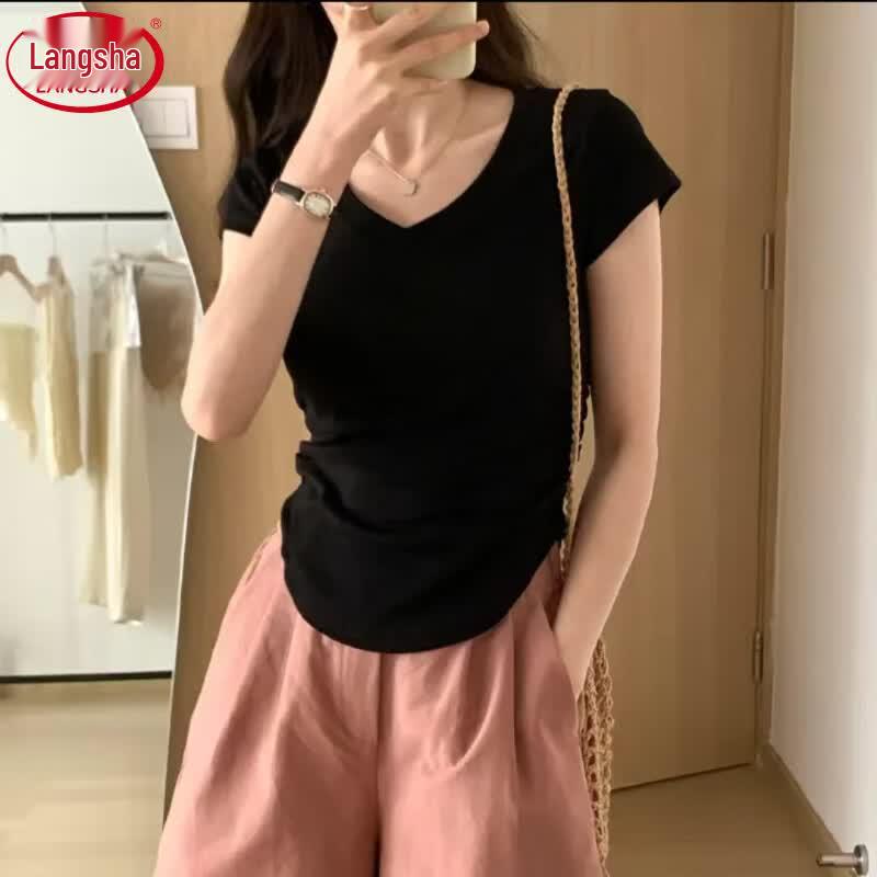 Langsha Irregular V-Neck Slimming Short Sleeve T-Shirt