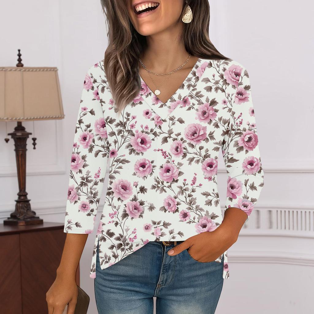 3/4 Sleeve Shirts For Women  Print Graphic Tees Blouses Casual Plus Size Basic Tops Pullover