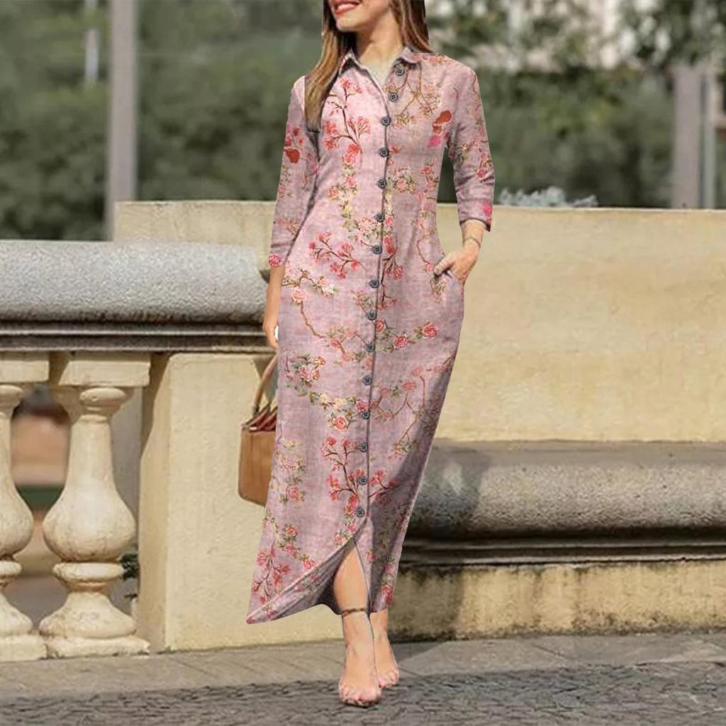 Abito lungo da donna, moda casual, temperamento, catena allentata, stampa geometrica, camicia a maniche lunghe, camicia con bottoni
