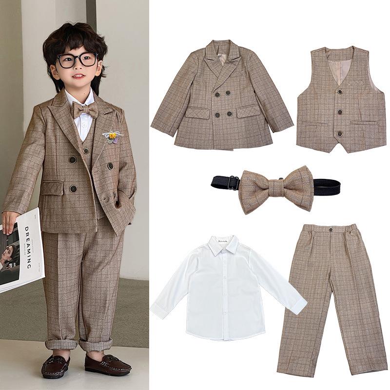 2025 Autumn British Plaid Tuxedo Suit for Kids: Boys' & Girls' Performance Vest Costume