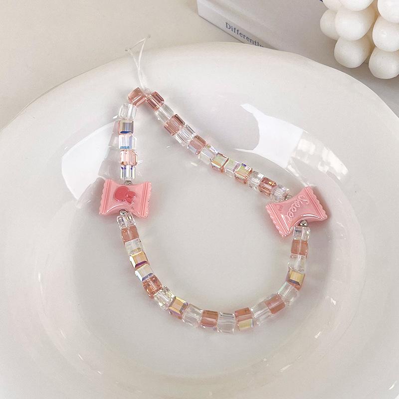 

Прозрачная цепочка для телефона в форме конфет с квадратными бусинами для милой девушки, браслет из сахарных кристаллов, аксессуары в цвете розовый