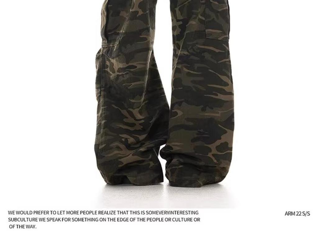 Unisex Vintage Washed Camo Wide-Leg Work Pants with Multi-Pockets