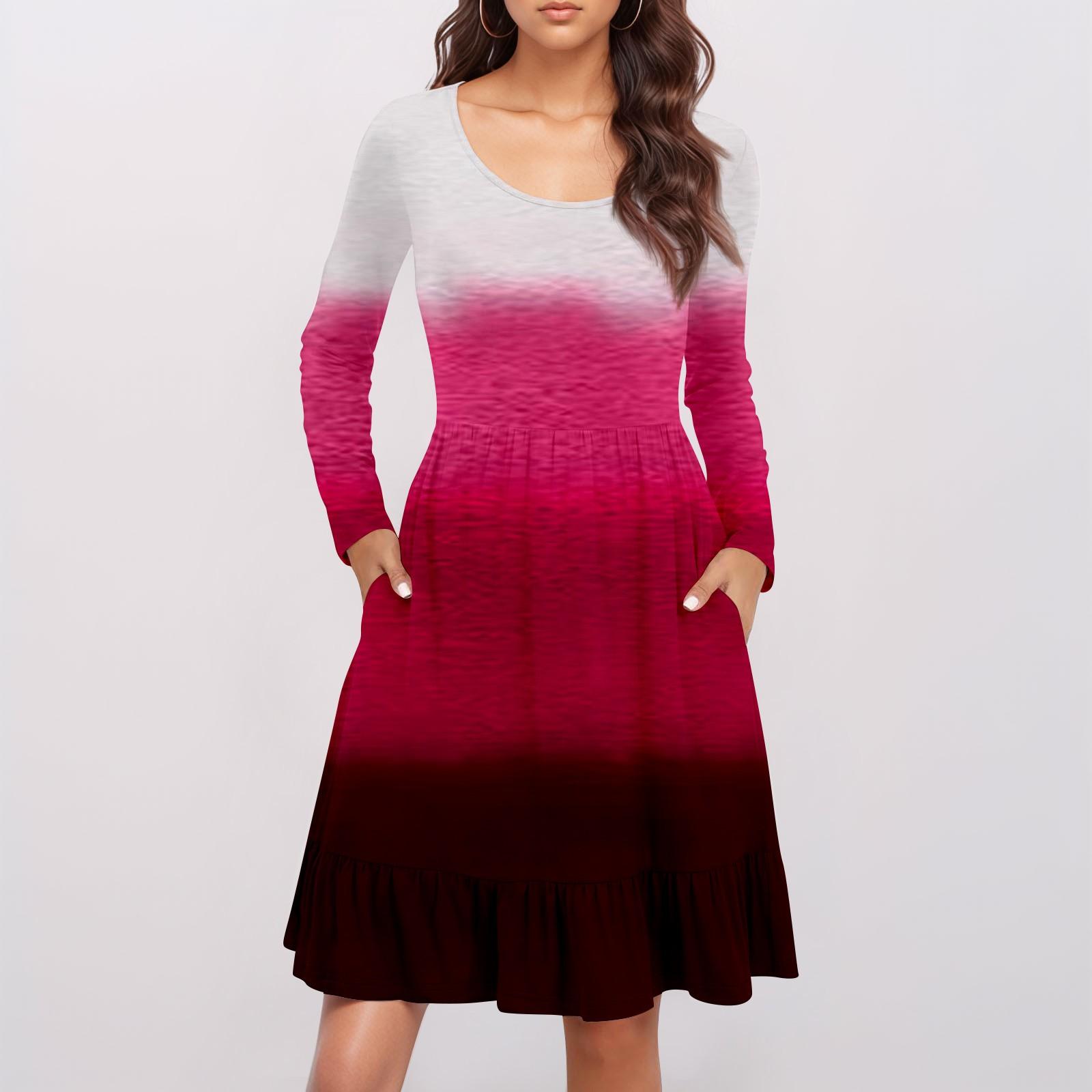 

Женское повседневное платье с круглым вырезом и длинными рукавами, с принтом, со свободной талией, плиссированное платье XXXL горячий розовый