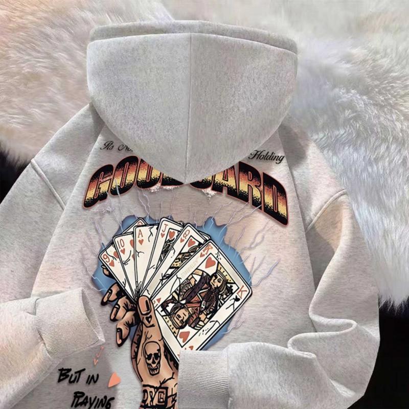 Oversized Hooded Sweatshirt With Poker Print Unisex Streetwear Winter Thick Cotton-Lined Casual Pullover