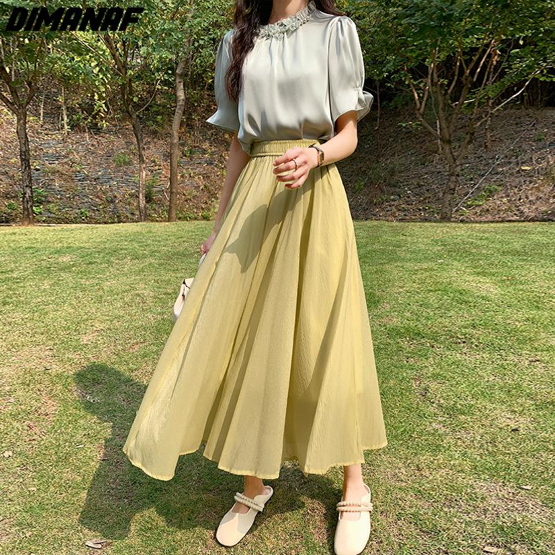 

DIMANAF Лето 2024 Большие размеры женские длинные юбки с высокой талией эластичные плиссированные тонкие свободные винтажные элегантные однотонные юбки больших размеров One Size зелёный