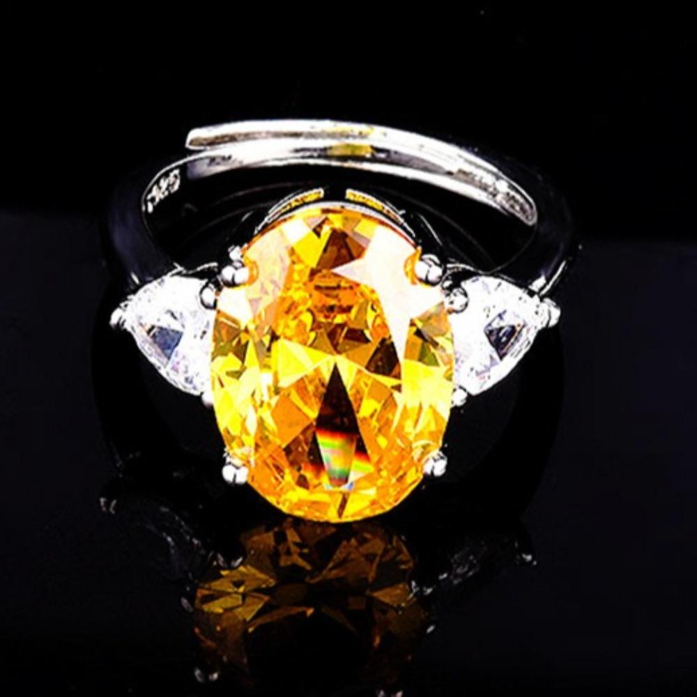 925 Silver Plated Open Ring with Brazilian Yellow Crystal Stone for Women Lucky Jewelry