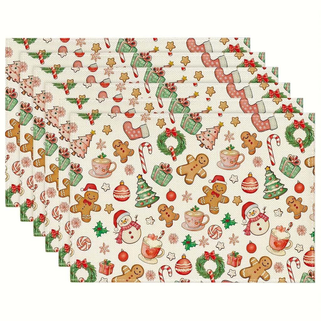 4/6pcs Set Winter Gingerbread Gift Christmas Tree Gift Box Star Pattern Christmas Placemat Seasonal Everyday Holiday Decoration for Home Kitchen