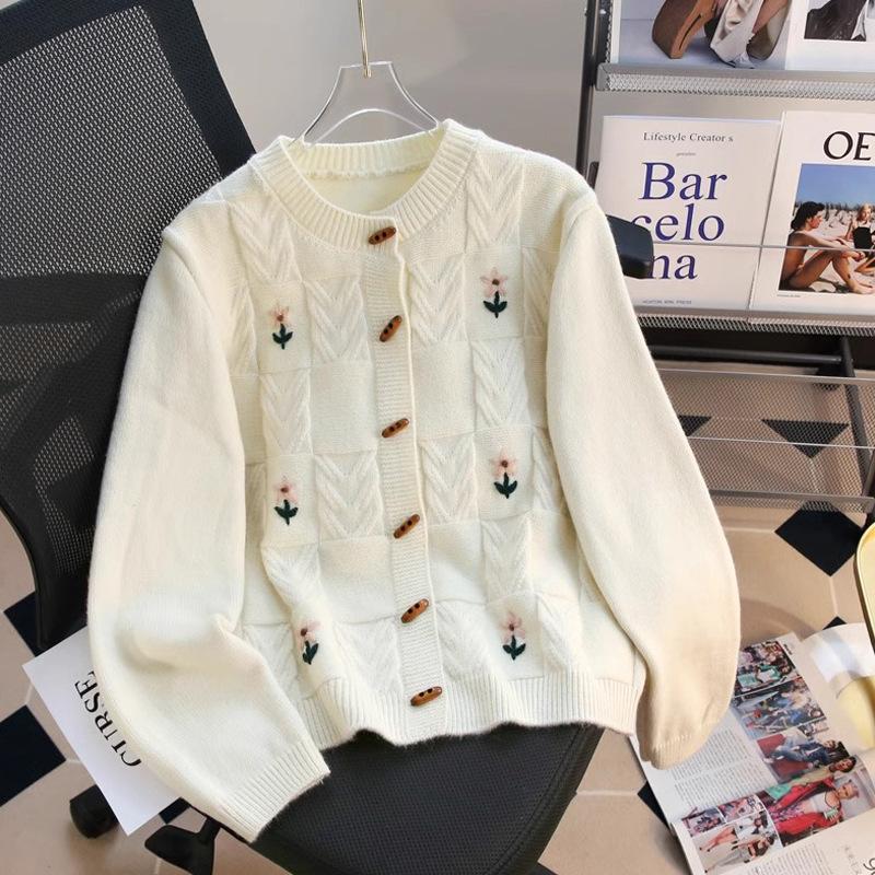 Vintage Heavy Embroidery Cable Knit Sweater Coat Women Autumn Loose Thick Lazy Style Cardigan