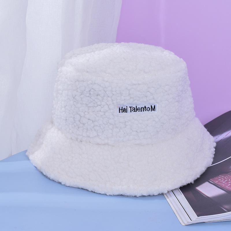 Autumn Winter Fisherman's Hat Embroidered Letter Small Label Pot Hat Fashionable Warm Flat Top Plush Bucket Hat