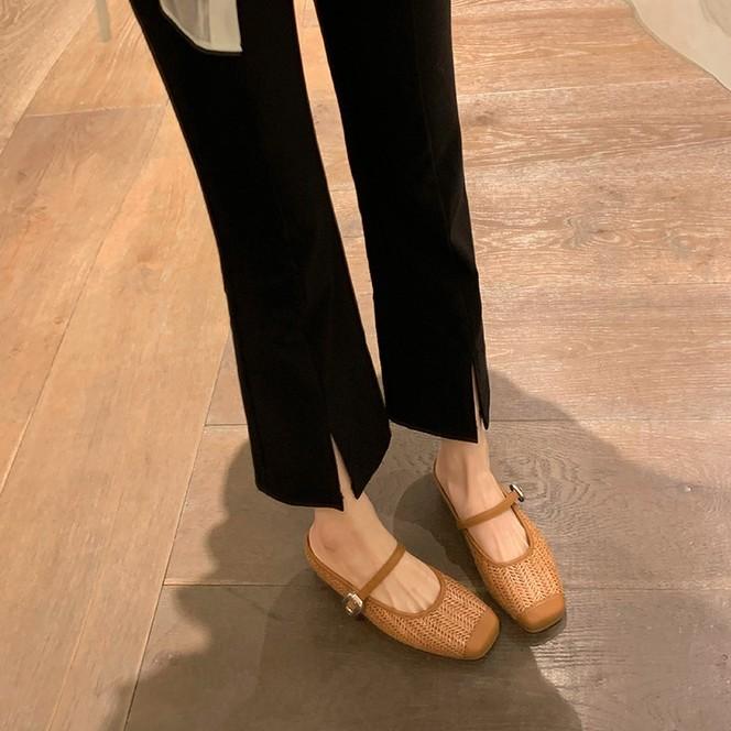 Sheepskin~ Grape Mother Inner Height Increase 5cm Slippers Women's Straw Woven Square Head Cool Slippers Lazy Bag Head Half Drag Summer Outer Wear