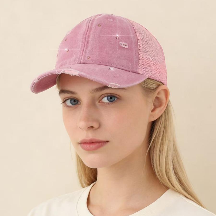 New Summer Mesh Rhinestone Baseball Cap Women Diamond Washed Cotton Sun Cap Adjustable Girls Casual Outdoor Beach Hat