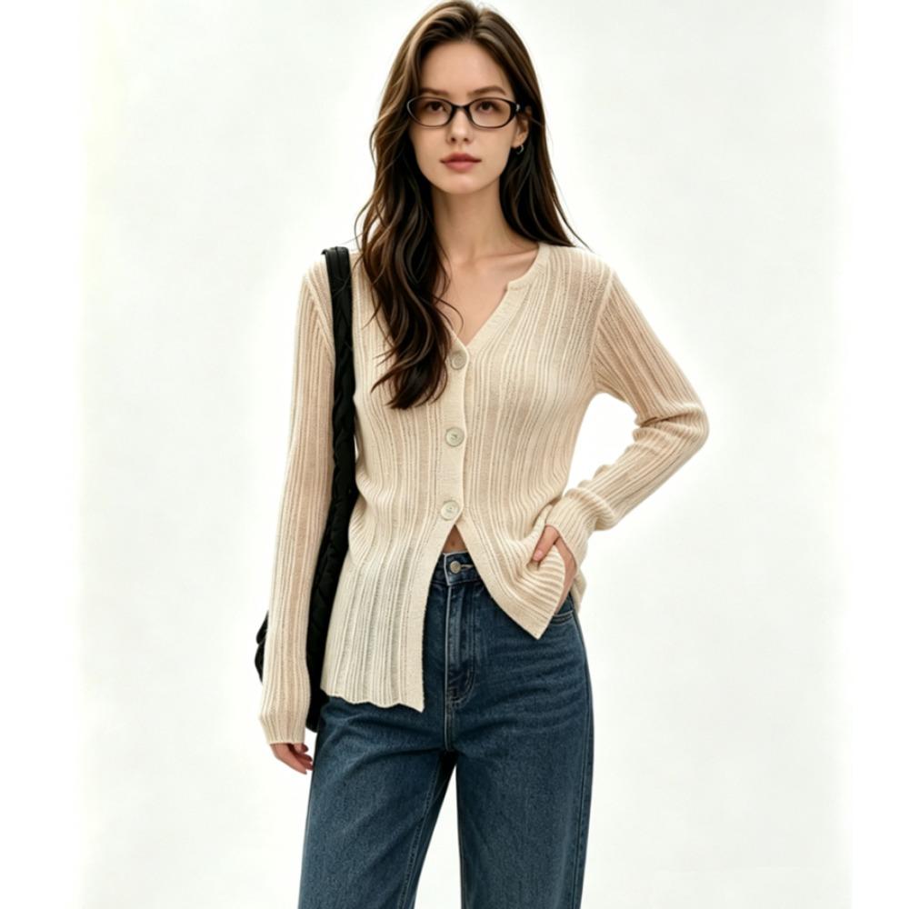 Women French V‑Neck Knit Cardigan Early Autumn Slim Fit Split Hem Long Sleeve Knitwear Fashion Versatile Ladies Casual Tops