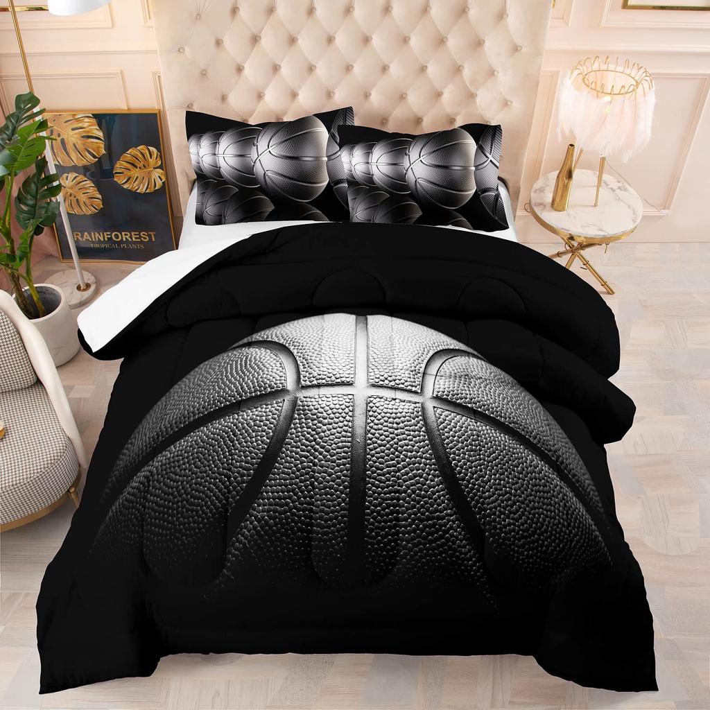 Black basketball quilt cover three-piece set 3D ball sports theme down quilt cover Europe and America