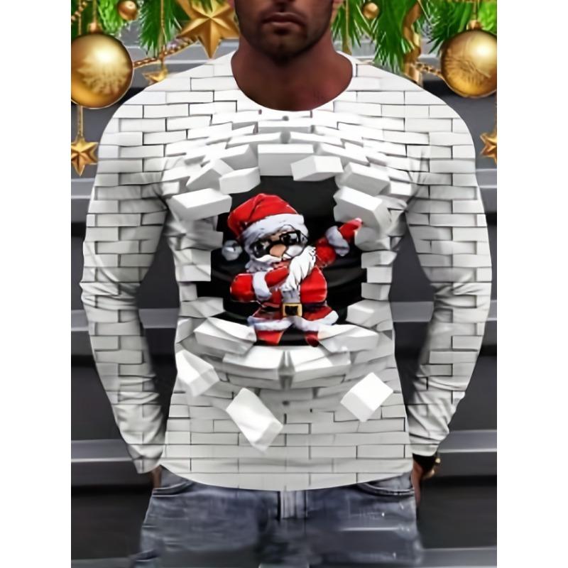 Camisetas de manga larga con estampado 3D de Papá Noel para hombre, camisetas con estampado de Papá Noel para fiesta de Navidad, moda informal para hombre, cuello redondo, manga larga