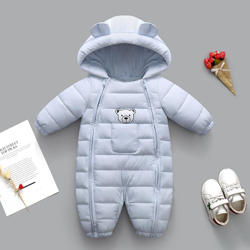 Zimní dětský overal s kapucí medvídka, polstrovaný sněhový oblek, dvojitý zip, tlustý teplý overal, unisex pro novorozence, batolata, chlapce i dívky