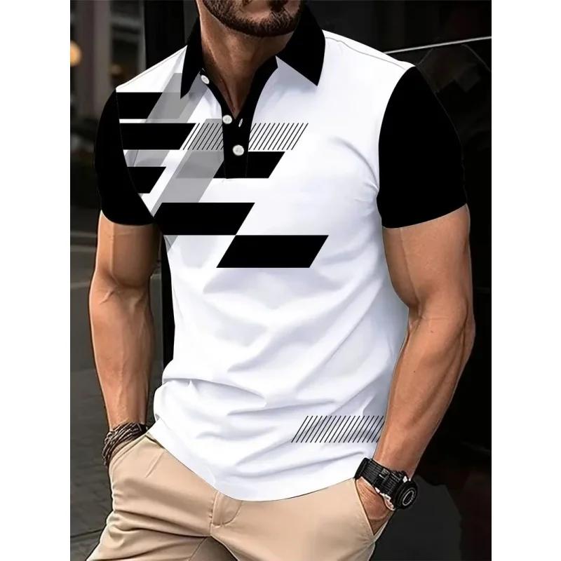 Geometric Print Short-sleeve Polo Shirt, Stylish Men's Casual Daily Wear.