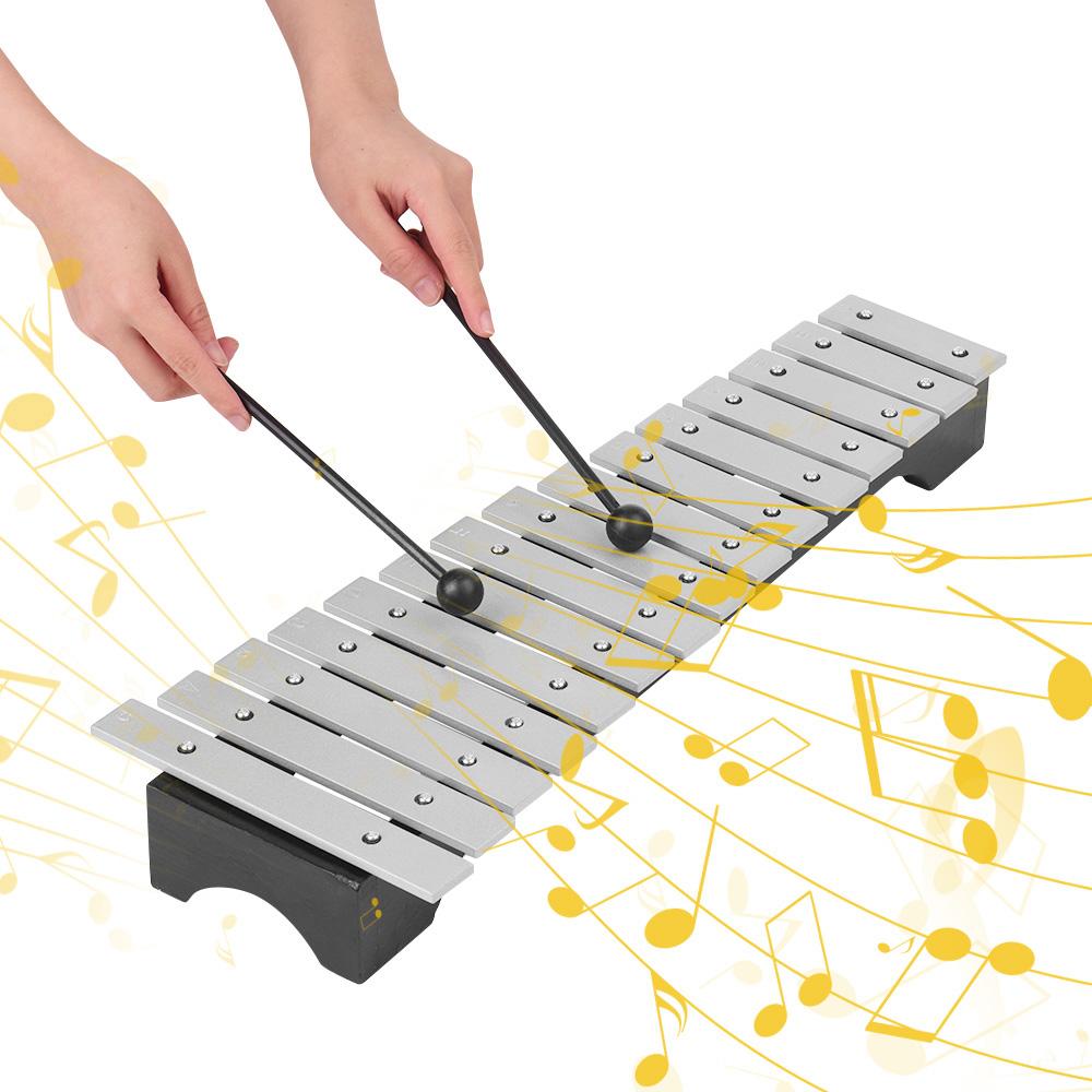 

15 Note Xylophone Glockenspiel Wooden Base Aluminum Bars with Mallets Percussion Musical Instrument Gift with Carrying серебряный