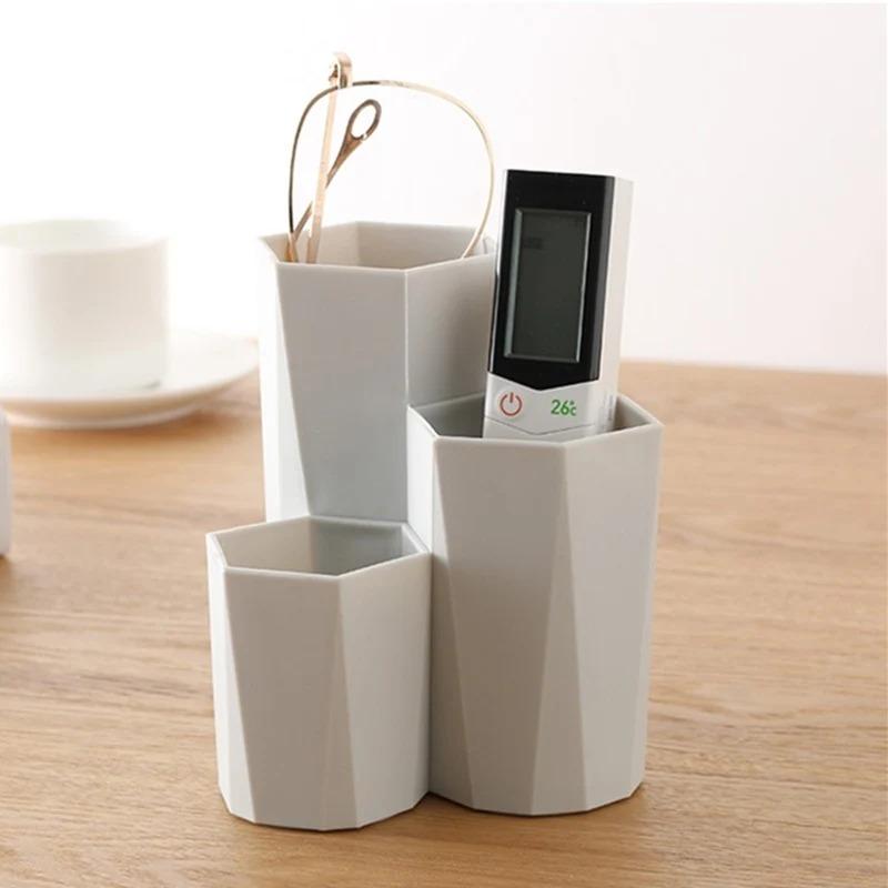 3-Grid Desk Organizer Box: Pen Holder + Polish Nail Brush Storage - Ideal for Jewelry, Cosmetics & Office Table Tools