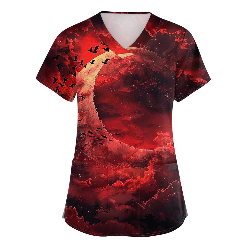 Women's V-neck Halloween Printed Short-sleeved Pocket Side-slit Protective Suit Top